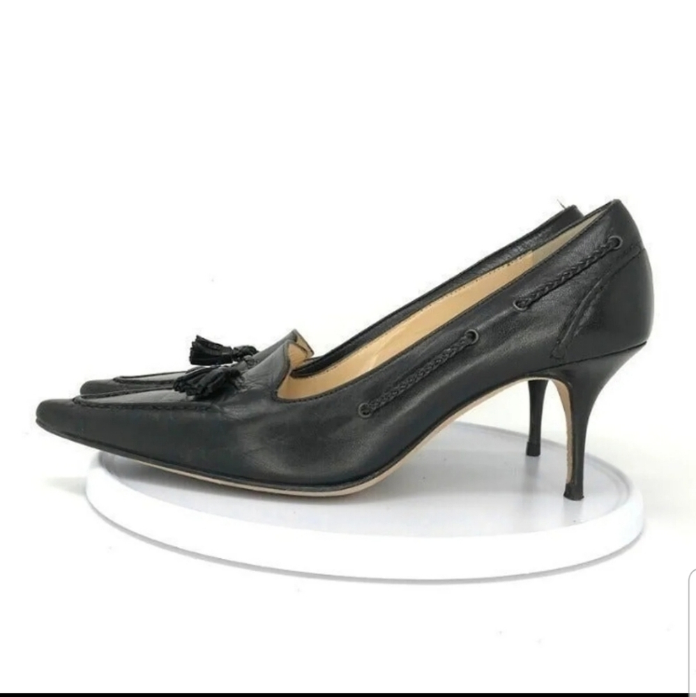 Cole Haan Collection Pointed Toe Tassel Front Black Leather Heels Size 9 1/2 B